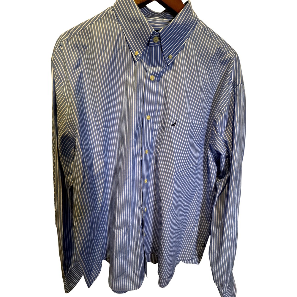 Nautica Blue White Striped Button Down Shirt Ocean Washed Classic Fit Logo